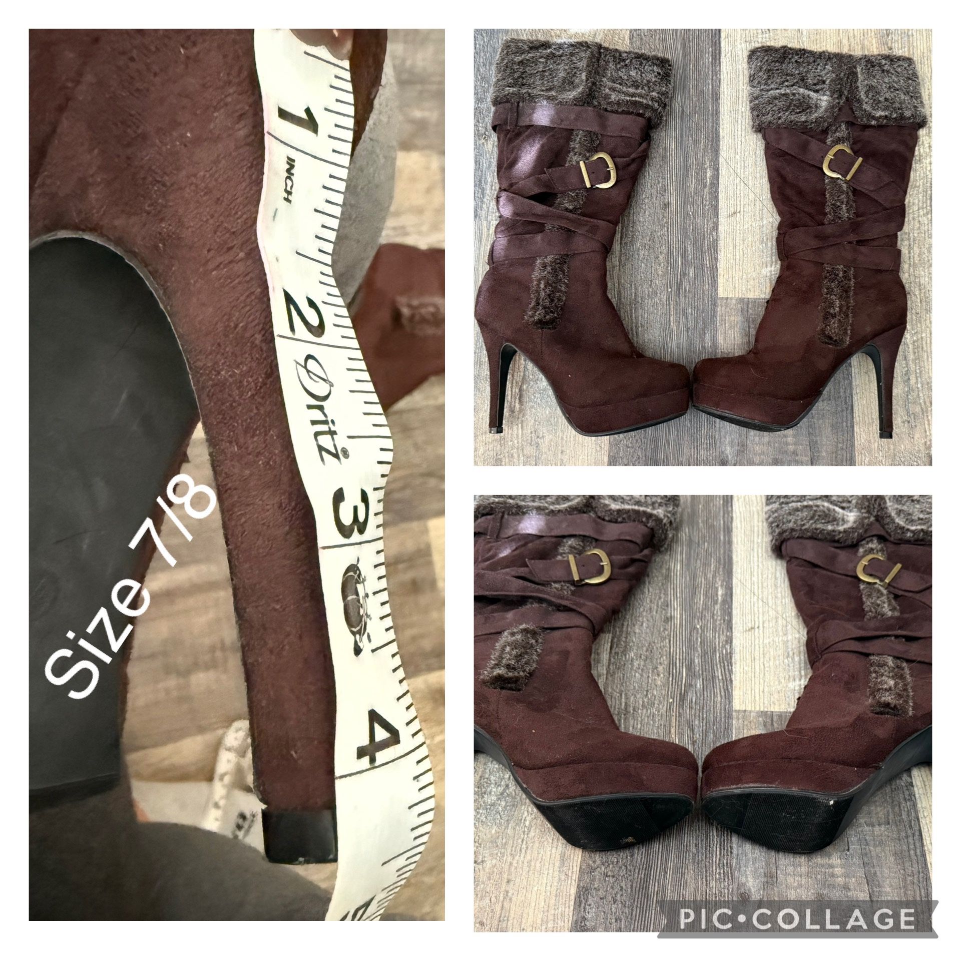 Boots- Size 7/8 Dark Brown -4-1/2 In Heel With A Fur Cap