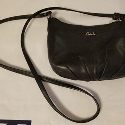 Authentic Black Leather Coach Cross Body 8" Pleated Bag