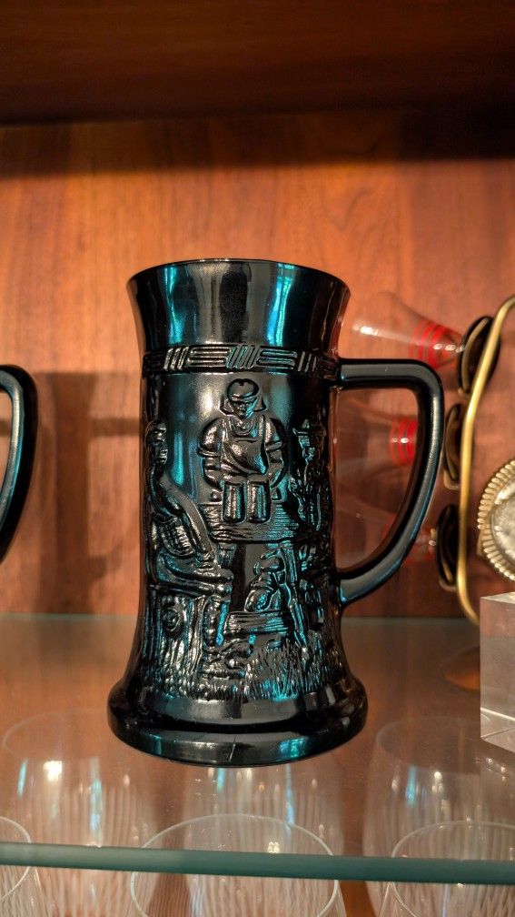 Black Glass Tankard Mug Stein German Pub Scene Tavern Beer Oktoberfest set of 4