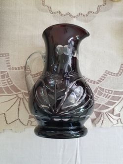 Vintage Chech Bohemian Glass Pitcher Ruby Red Clear