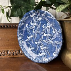 Vintage Blue & White Dodecagon Porcelain Flying Cranes Asian Japanese Plate 6.25” Trinket Dish, Home