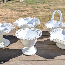 Fenton White Milk Glass Ruffled Compote and Basket Collection - 5 Piece Set Vintage