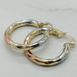 Real Gold Filled Hoops Earrings Three Tone Tricolor 14k Gold Oro Laminado 