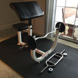 Preacher Curl Weight Bench With 2 Barbells And Standard Weights Thumbnail