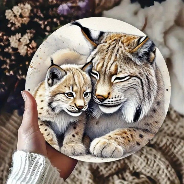 Mother & Cub Lynx 8" Metal Art Plate