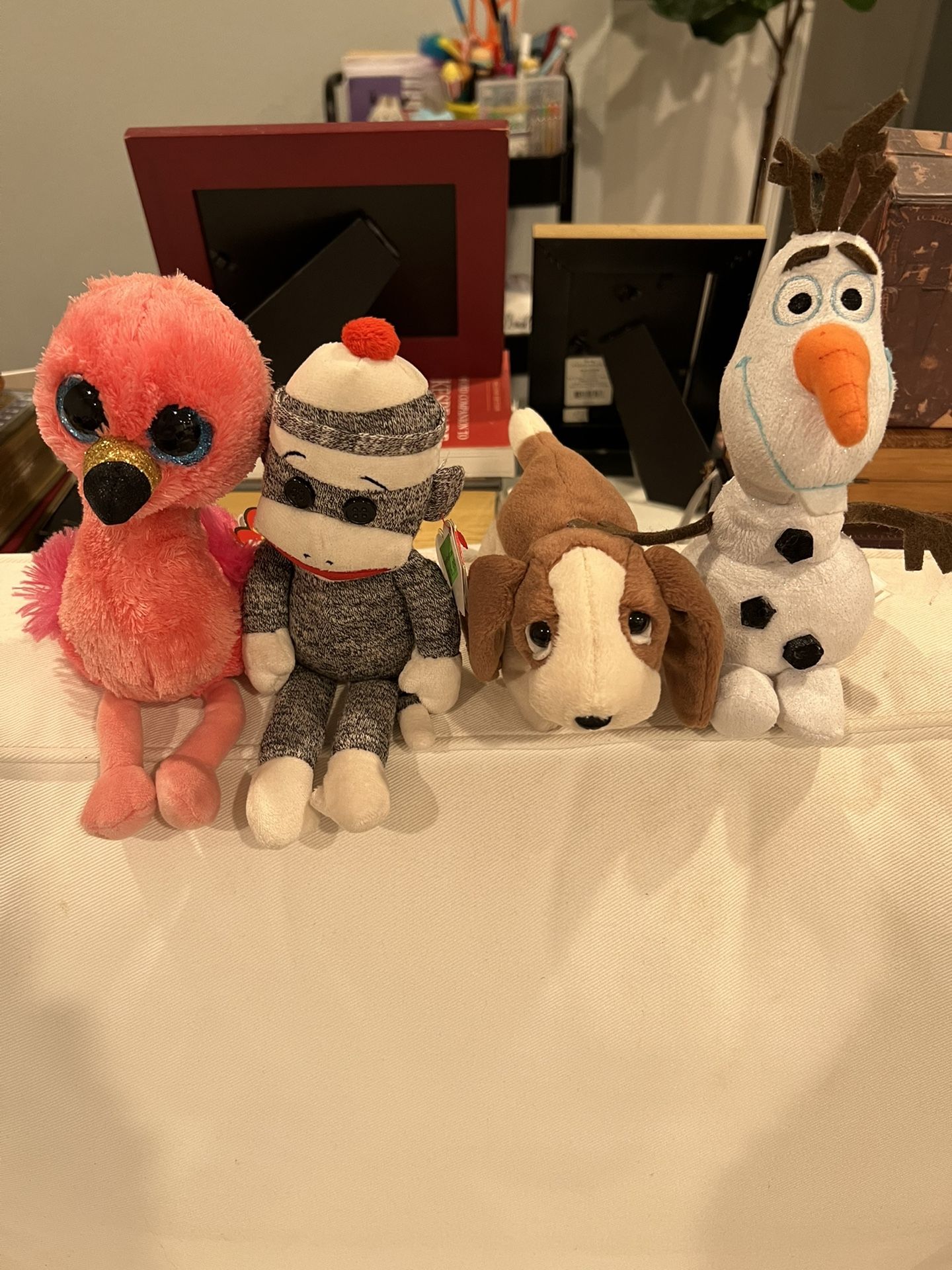 TY Beanie Babies - Flamingo, Sock Monkey, Hound, Olaf