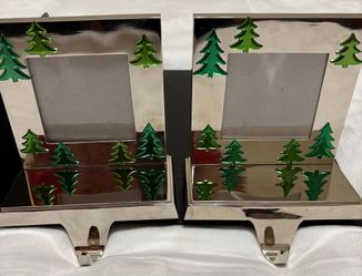 Pair of Silver Christmas Tree Photo Frame Stocking Holders