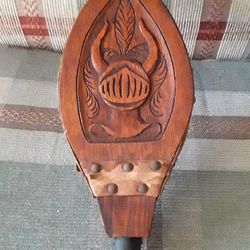 Beautiful Hand Carved Wood/Leather Bellow w/ Viking Vesco Helmet. Works!
