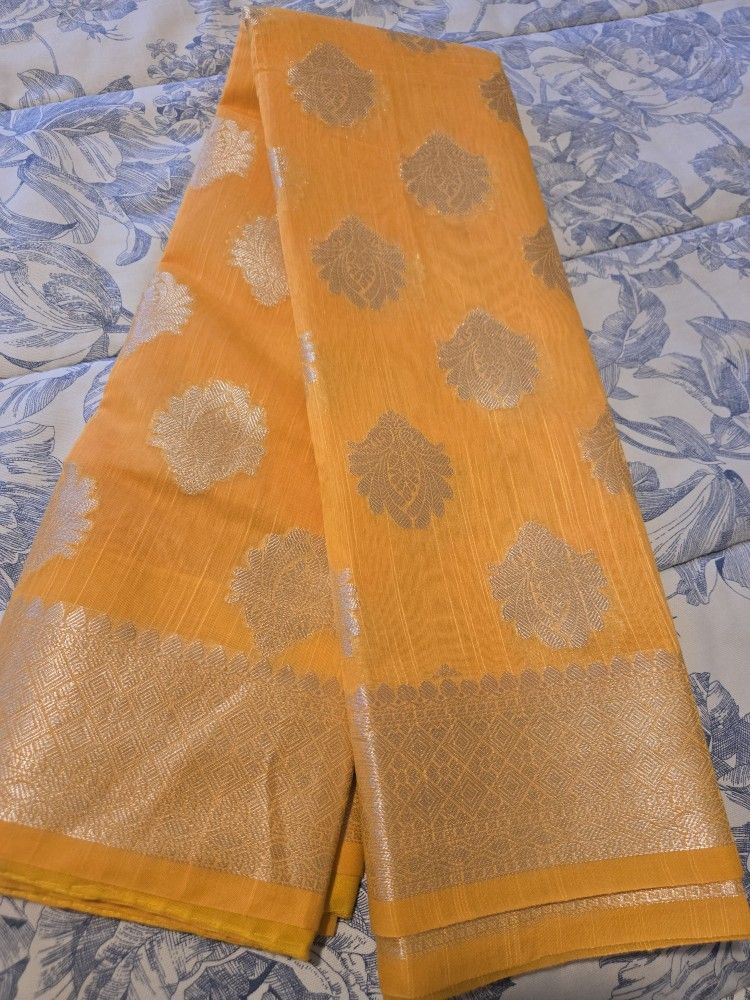 Beautiful Tuscany Yellow Benarasi Chanderi Sari With Silver Zari Border & Brocade Blouse Piece