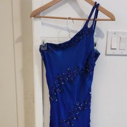 Long One-shoulder Colbalt Blue Sequins And Beaded Dress. 