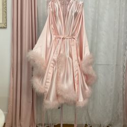 Feathery Pink Silk Satin Robe
