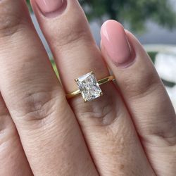 18K Gold Over Sterling Silver 925 Engagement Ring With 2CT Radiant Cut CZ Diamond And Hidden Halo