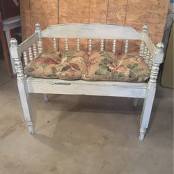 Shabby Chic Wood Bench! “Jenny Lind” Style whitewash painted finish. Solid Wood. Includes Brand New deluxe seat cushion!