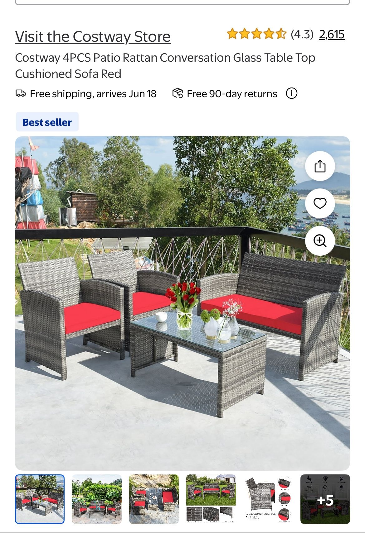 Costway 4PCS Patio Rattan Conversation Glass Table Top Cushioned Sofa Red