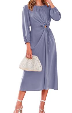 Satin Maxi Dress Puff Long Sleeve Crewneck Cutout Casual A-line Long Flowy Dresses Grey Blue