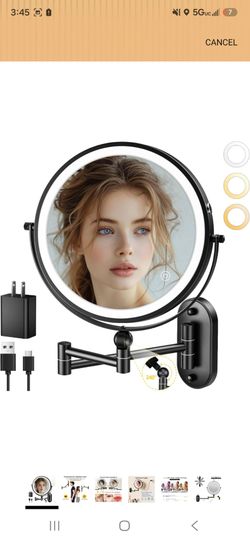 9" Wall Mounted Lighted Makeup Mirror,4000mAh Rechargeable Double Sided 1X/10X Magnifying Mirror with Light,3 Color Lights,Touch Dimmable,Extended Arm