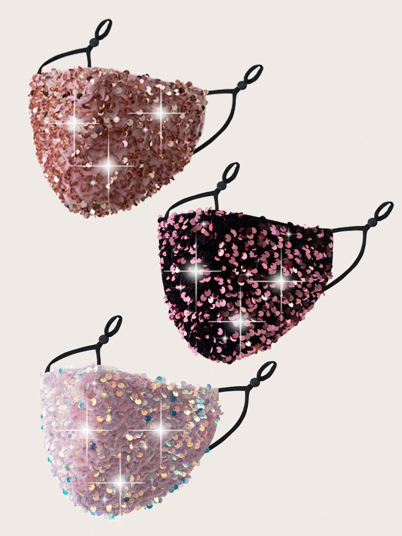 3 Sequin Overlay Face Mask 60% Cotton ,40% Polyester Multicolor , Decorative Face Mask