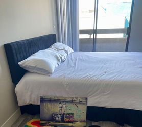 Full Size Bed Frame with Velvet Upholstered Headboard, Platform Bed with Strong Wood Slats, Mattress Foundation