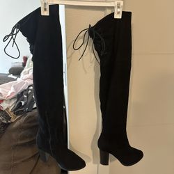 Black Over The Knee Suede Heeled Boots 