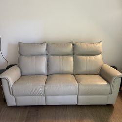 Leather Sofa Light Grey, Power Headrest And USB - Gently Used