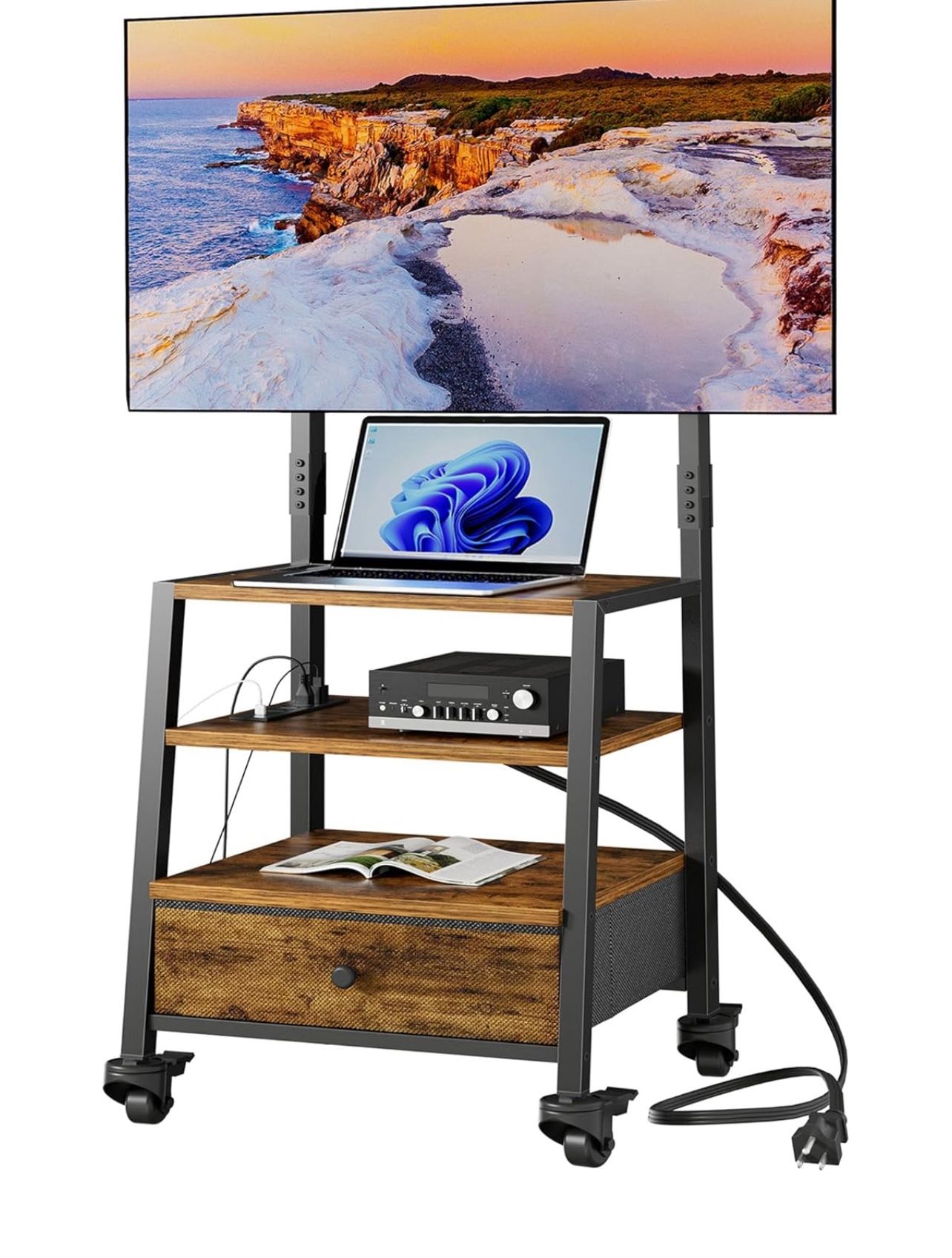 Rolling TV Stand with Mount and Fabric Drawer