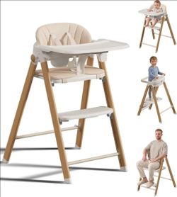Convertible High Chair for Babies and Toddlers, 5-in-1 Foldable Baby High Chair Grows with Child, Wooden Baby Chair with Extra-Wide Seat,Easy Clean, 5