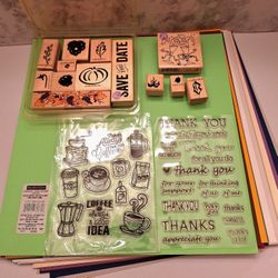 CARD  MAKING CRAFT SUPPLIES- 50 SHEETS 12 X12 CARD STOCK - 13 RUBBER STAMPS, 2 SHEETS CLEAR STAMPS