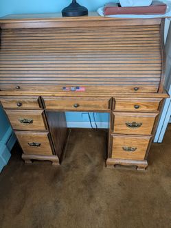 Wooden Roll-Top Desk with Drawers