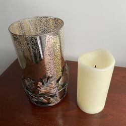 Mercury Glass Globe In Bronze Holder With Battery Operated Candle