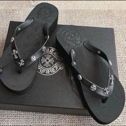 Chrome Hearts Black And Pink Flip Flops with Silver Floral Details.