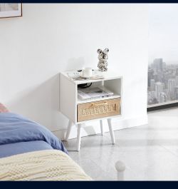15.75 Rattan End table with Power Outlet & USB Ports , Modern nightstand with drawer and solid wood legs, side table for living room, bedroom, white