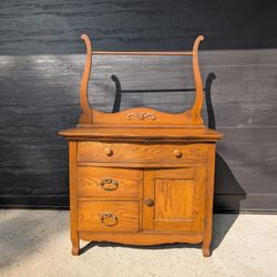 Antique Oak Serpentine Washstand Dresser w/ Towel Bar – Solid & Beautiful!