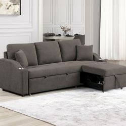 Brand New Dark Grey Sectional Sofa Sleeper w Cupholders 