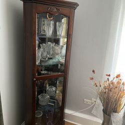 Real Wood Brown Living Room Corner Stand With Glass Door, Shelves And Light