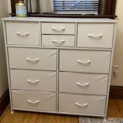 White dresser with 10 fabric drawers