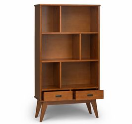 Solid Wood Wide Bookcase with 2 Drawers and 3 Shelves, Teak Brown