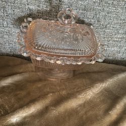  Vintage Indiana Glass Pink Open Lace Edge Pedestal Candy Box Dish with Lid  