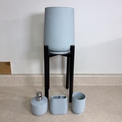Black Plant Stand and Ceramic Bathroom Accessories Set