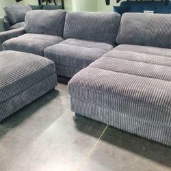 Grey Sectional Sofa With Ottoman - Soft Corduroy Fabric