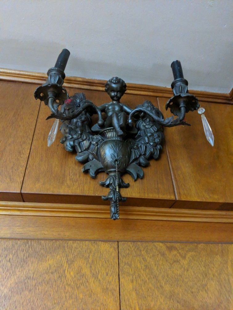 Antique Vintage Cherub Wall Light 2 Lamp Angel Sconce Light Candelabra

