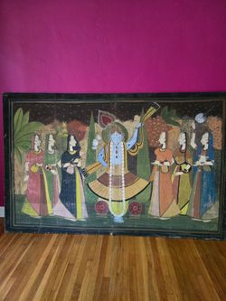 Large PichavaiPainting of Krishna with Female Gopis Dancing