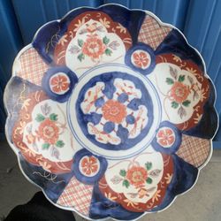 
Vintage Japanese Imari Scalloped Porcelain Plate Hand Painted Blue Red Floral 12”
