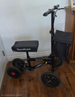 BLESSREACH KNEE SCOOTER. ALL TERRAIN!11"RUBBER TIRES,DISC BRAKES .DUAL HAND BRAKES, BASKET, FOLDABLE. EXCELLENT CONDITION!
