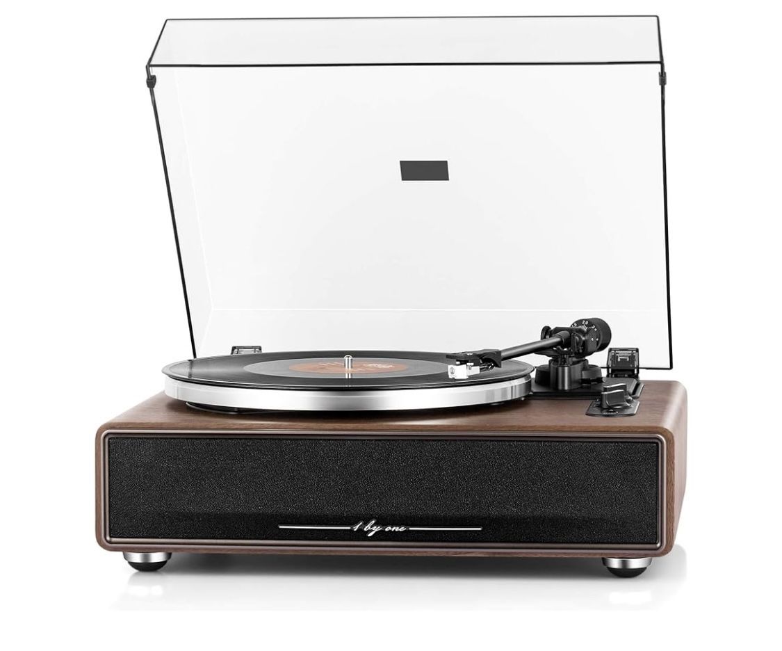1 by ONE High Fidelity Belt Drive Turntable with Built-in Speakers, Vinyl Record Player with Magnetic Cartridge, Bluetooth Playback and Aux-in Functio