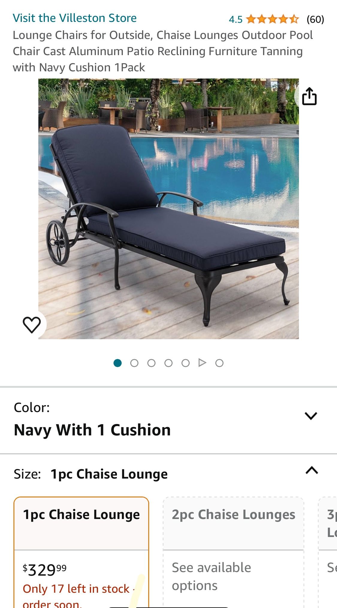 Lounge Chairs for Outside, Chaise Lounges Outdoor Pool Chair Cast Aluminum Patio Reclining Furniture Tanning with Navy Cushion 1Pack