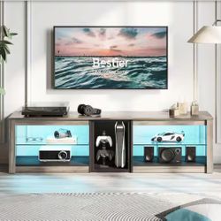63 in. Wash Grey TV Stand Fits TVs up to 70 in. LED Entertainment Center with Adjustable Glass Shelves