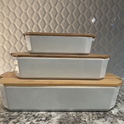 Crate & Barrel Baking Dishes with Bamboo Lids- Set Of 3