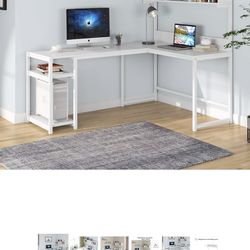 White office desk and shelves