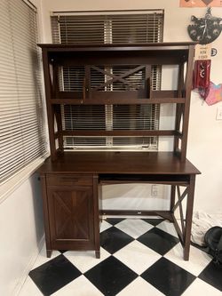 Modern Farmhouse Dark Brown Wood Desk with Hutch