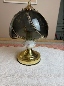 Vintage 80s Brass Floral Touch Lamp  3-Way Smoked Glass Panel Light (Works!) $45 OBO